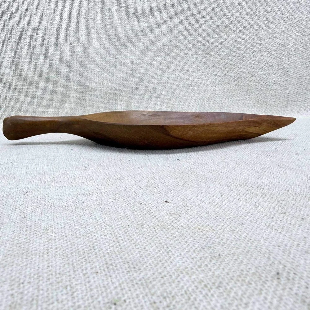 Vintage Hand Carved Wooden Leaf Bowl Mid Century Modern Catchall Tray 11.5 Inch